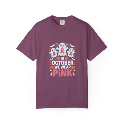Breast Cancer Halloween Ghost T-Shirt — "In October We Wear Pink"
