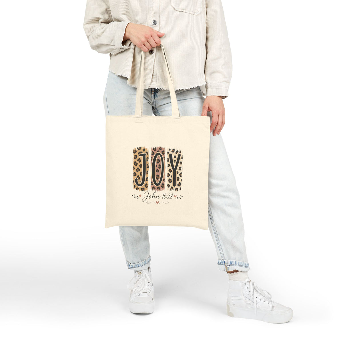 JOY Leopard Print Canvas Tote — Christmas Gift Bag with "John 16:22" Scripture Accent