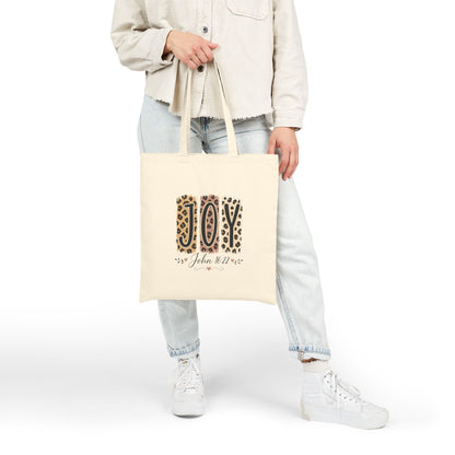 JOY Leopard Print Canvas Tote — Christmas Gift Bag with "John 16:22" Scripture Accent