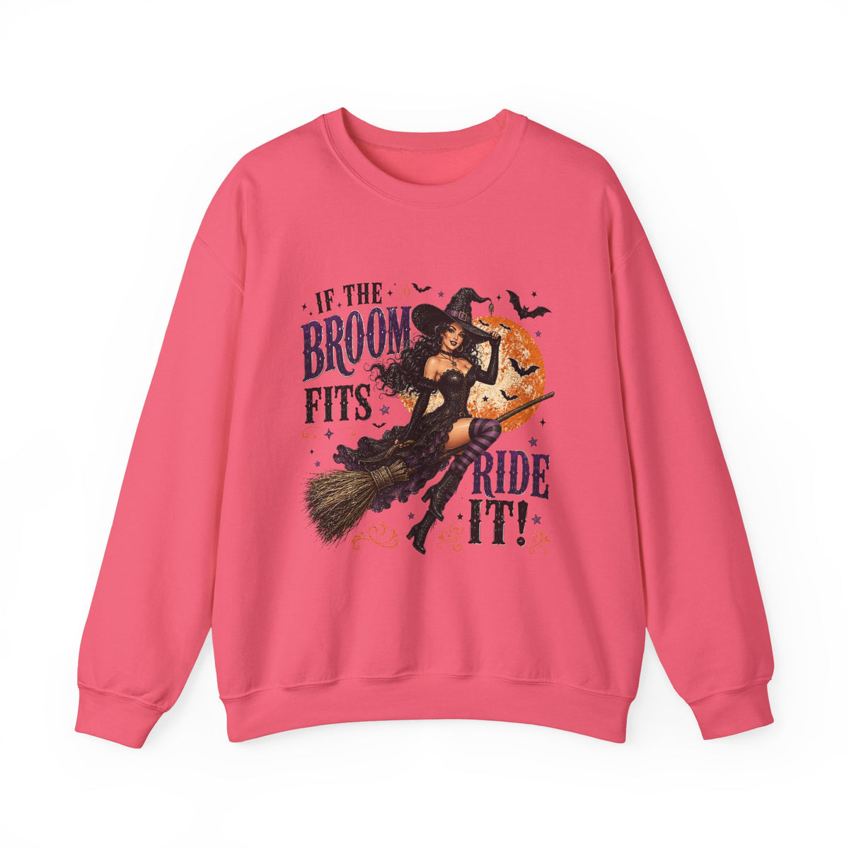Witchy Halloween Crewneck Sweatshirt — 'If the Broom Fits Ride It' Vintage Pin-Up Design