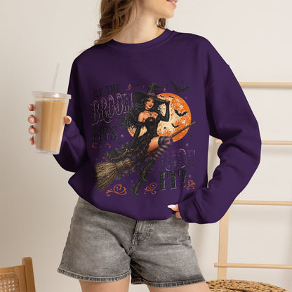 Witchy Halloween Crewneck Sweatshirt — 'If the Broom Fits Ride It' Vintage Pin-Up Design