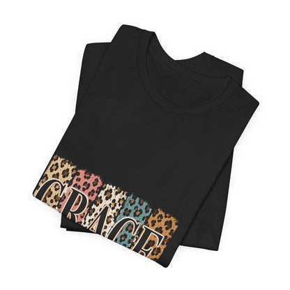 Grace Leopard Print Tee — Christian Scripture 2 Cor 12:9 T-Shirt