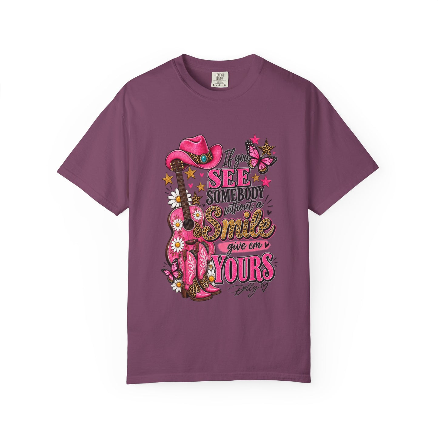Dolly Cowgirl Guitar T‑Shirt — "If I See Somebody Smile You’re Yours" Graphic Tee