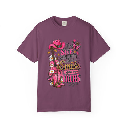 Dolly Cowgirl Guitar T‑Shirt — "If I See Somebody Smile You’re Yours" Graphic Tee