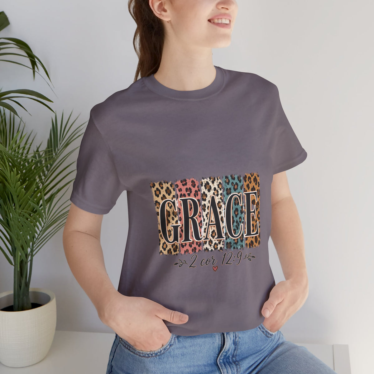 Grace Leopard Print Tee — Christian Scripture 2 Cor 12:9 T-Shirt
