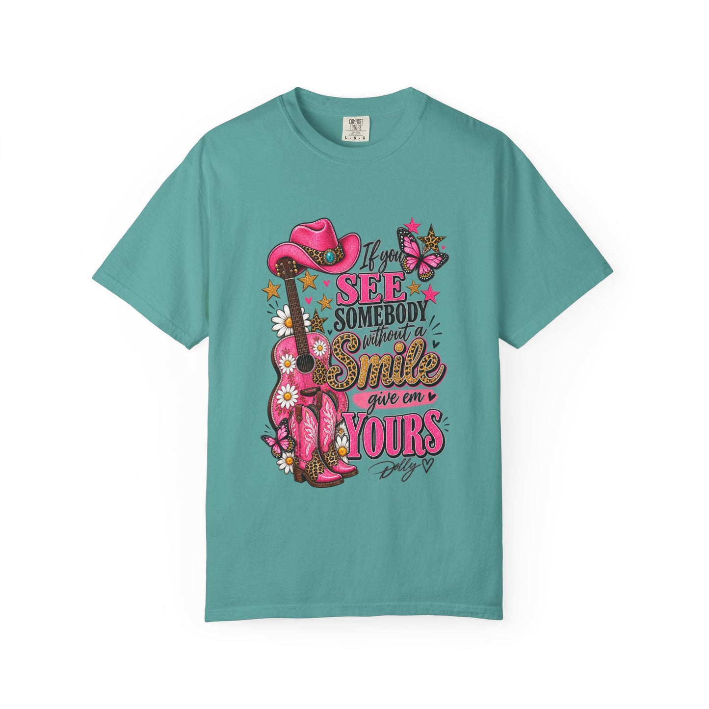 Dolly Cowgirl Guitar T‑Shirt — "If I See Somebody Smile You’re Yours" Graphic Tee