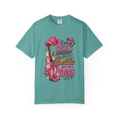 Dolly Cowgirl Guitar T‑Shirt — "If I See Somebody Smile You’re Yours" Graphic Tee