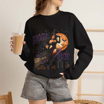 Witch on Broom Halloween Sweatshirt — “If the Broom Fits, Ride It!”
