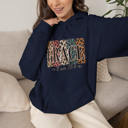 Grace Leopard Hoodie - 2 Cor 12:9 Christian Faith Sweatshirt