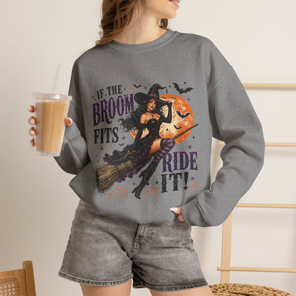 Witchy Halloween Crewneck Sweatshirt — 'If the Broom Fits Ride It' Vintage Pin-Up Design
