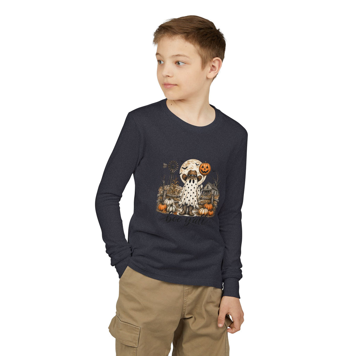 Youth Long Sleeve Tee — Halloween Boo Y'all Ghost Dog Pumpkin Design