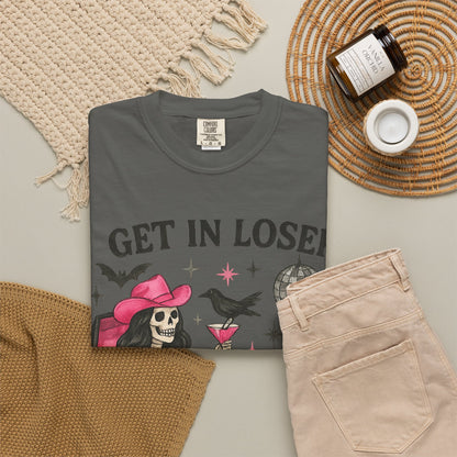 Get In Loser Skeleton Tee — Retro Gothic Witch Coffin Halloween T‑Shirt