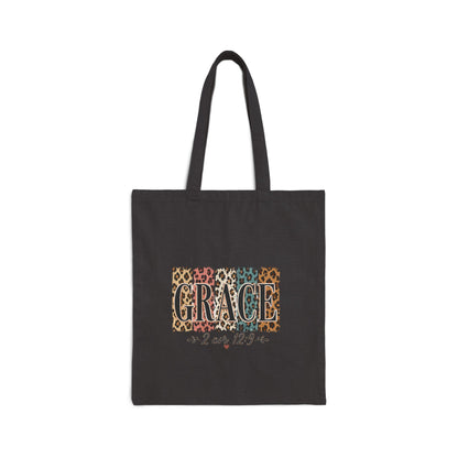 Grace Leopard Print Canvas Tote — Faith Scripture 2 Cor 12:9 Shoulder Bag