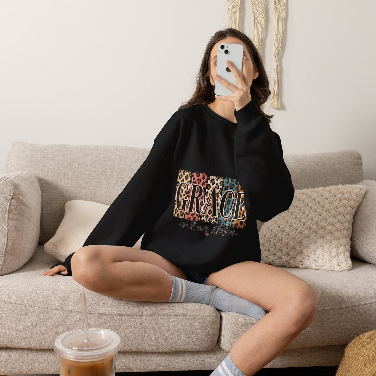 Grace Leopard Block Crewneck Sweatshirt – Inspirational Christian Scripture Design (2 Cor 12:9)