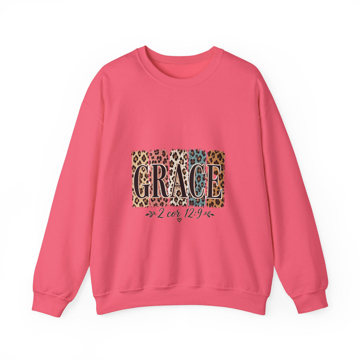 Grace Leopard Block Crewneck Sweatshirt – Inspirational Christian Scripture Design (2 Cor 12:9)