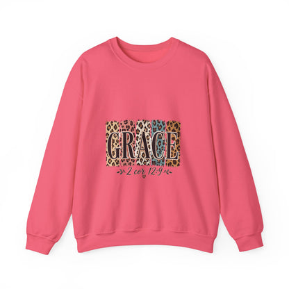 Grace Leopard Block Crewneck Sweatshirt – Inspirational Christian Scripture Design (2 Cor 12:9)