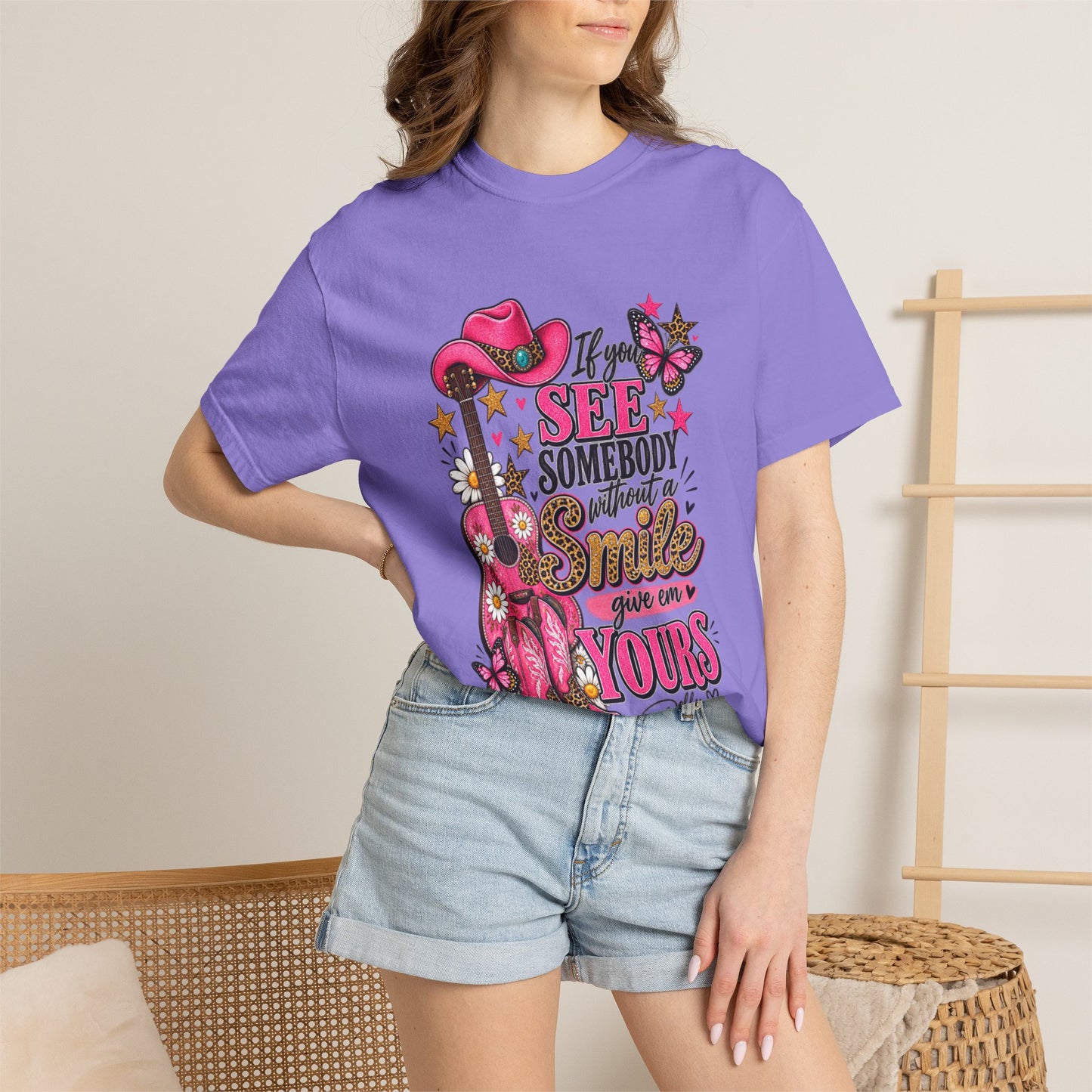 Dolly Cowgirl Guitar T‑Shirt — "If I See Somebody Smile You’re Yours" Graphic Tee
