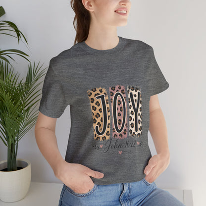 Joy Leopard Christian Tee — "JOY" with John 16:22 Scripture