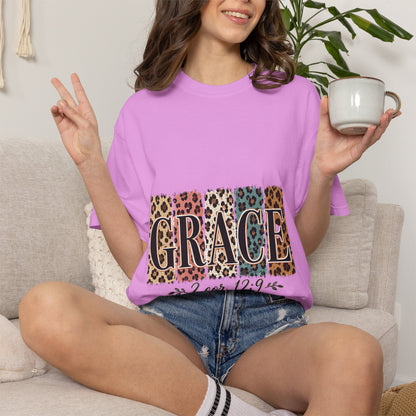 Grace Leopard Block T-Shirt — 2 Cor. 12:9 Christian Graphic Tee