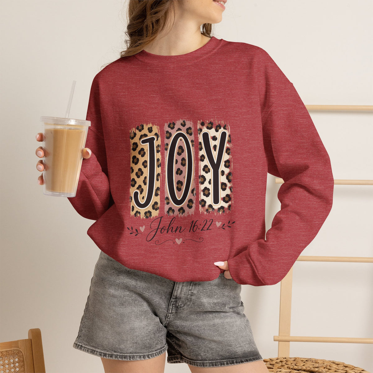Joy Leopard Print Sweatshirt — John 1:14 Scripture Holiday Crewneck