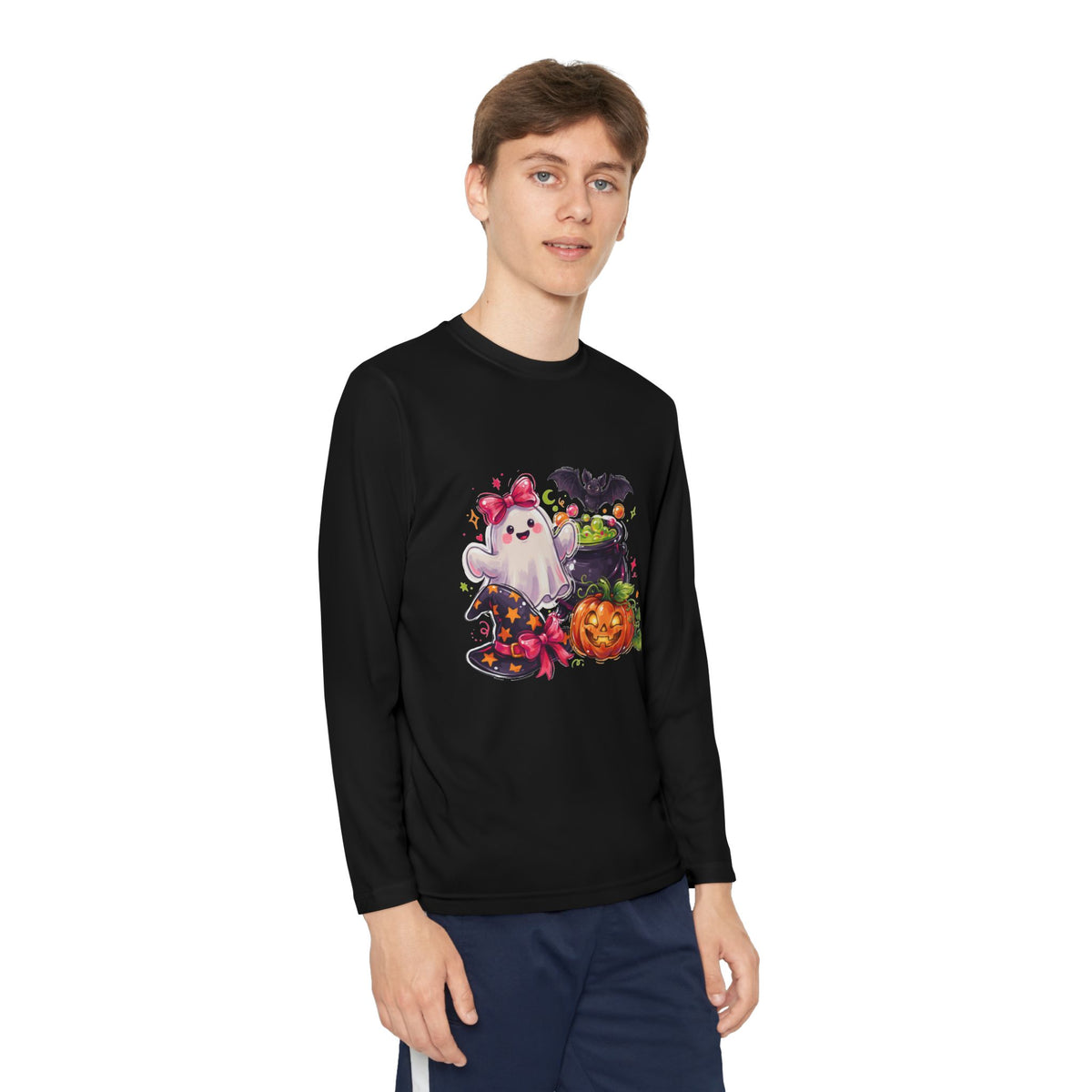 Kids Halloween Ghost Long Sleeve Tee — Cute Ghost, Pumpkins & Candy Design