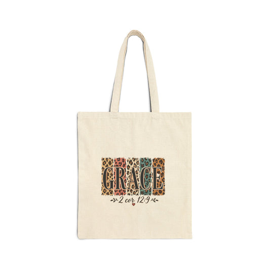 Grace Leopard Print Canvas Tote — Faith Scripture 2 Cor 12:9 Shoulder Bag