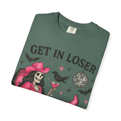 Get In Loser Skeleton Tee — Retro Gothic Witch Coffin Halloween T‑Shirt