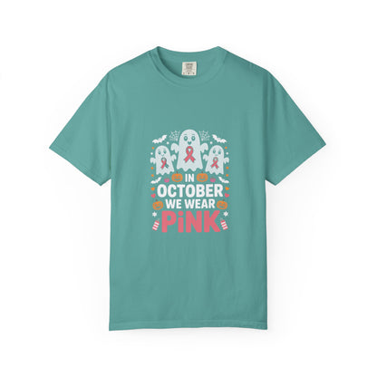 Breast Cancer Halloween Ghost T-Shirt — "In October We Wear Pink"
