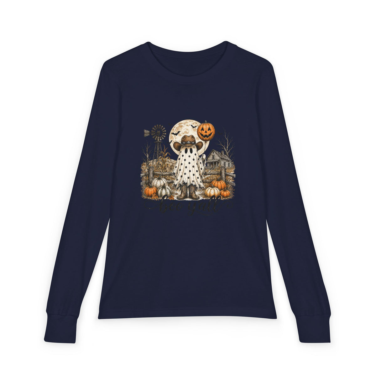 Youth Long Sleeve Tee — Halloween Boo Y'all Ghost Dog Pumpkin Design