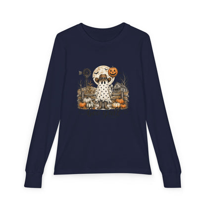 Youth Long Sleeve Tee — Halloween Boo Y'all Ghost Dog Pumpkin Design
