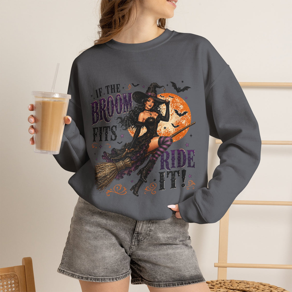 Witchy Halloween Crewneck Sweatshirt — 'If the Broom Fits Ride It' Vintage Pin-Up Design