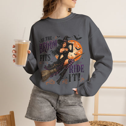 Witchy Halloween Crewneck Sweatshirt — 'If the Broom Fits Ride It' Vintage Pin-Up Design