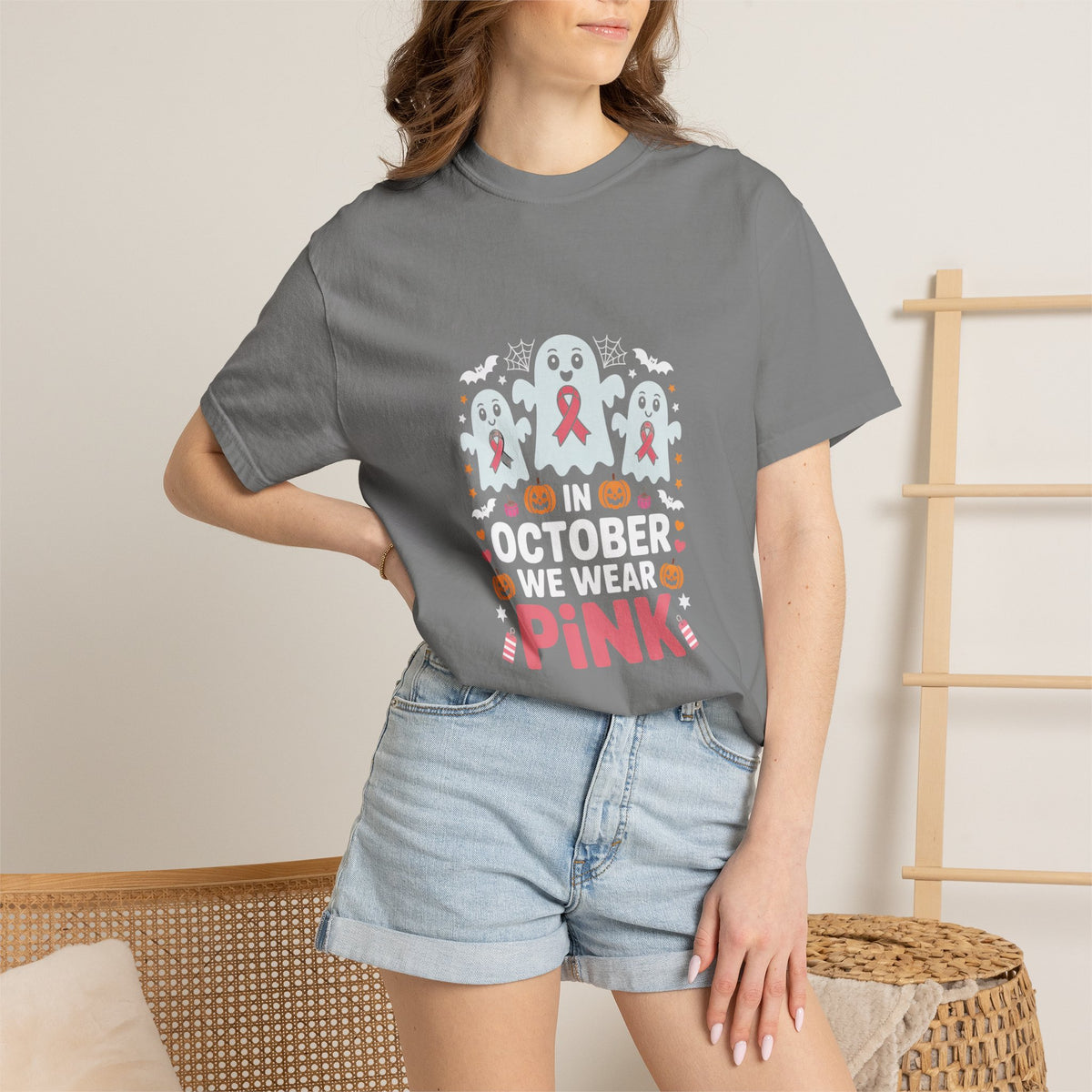 Breast Cancer Halloween Ghost T-Shirt — "In October We Wear Pink"