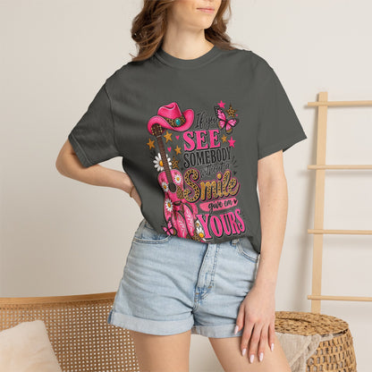 Dolly Cowgirl Guitar T‑Shirt — "If I See Somebody Smile You’re Yours" Graphic Tee