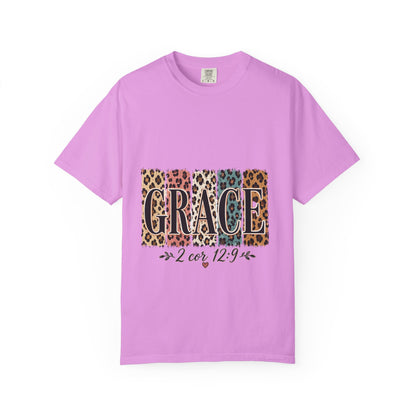Grace Leopard Block T-Shirt — 2 Cor. 12:9 Christian Graphic Tee