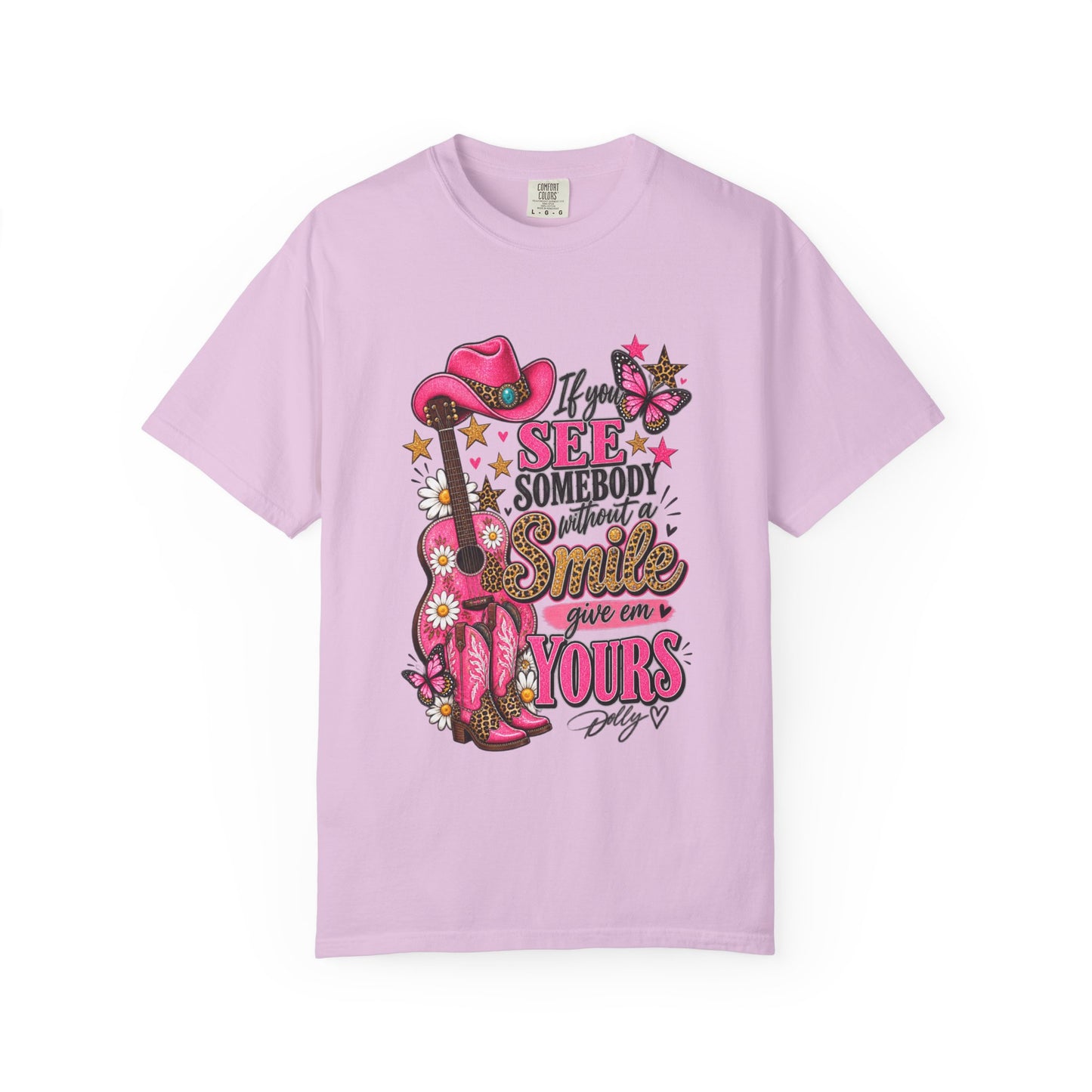 Dolly Cowgirl Guitar T‑Shirt — "If I See Somebody Smile You’re Yours" Graphic Tee