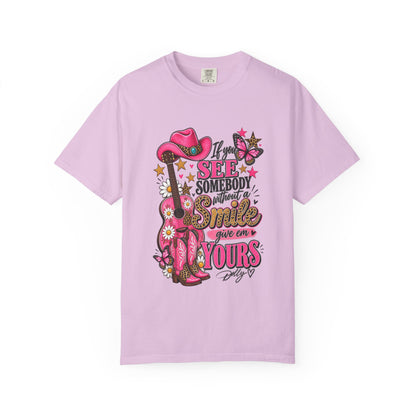 Dolly Cowgirl Guitar T‑Shirt — "If I See Somebody Smile You’re Yours" Graphic Tee