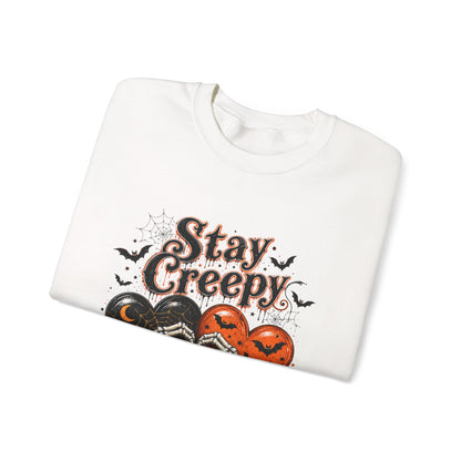 Stay Creepy Sweatshirt — Halloween Heart & Bats Cozy Crewneck