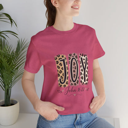 Joy Leopard Christian Tee — "JOY" with John 16:22 Scripture