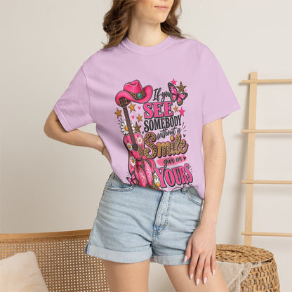 Dolly Cowgirl Guitar T‑Shirt — "If I See Somebody Smile You’re Yours" Graphic Tee