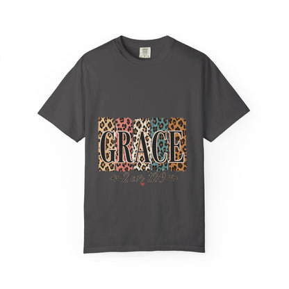 Grace Leopard Block T-Shirt — 2 Cor. 12:9 Christian Graphic Tee