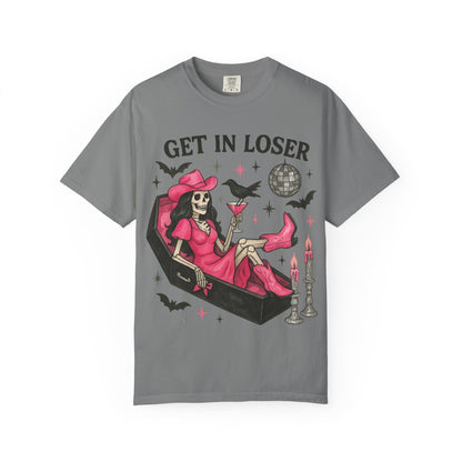 Get In Loser Skeleton Tee — Retro Gothic Witch Coffin Halloween T‑Shirt