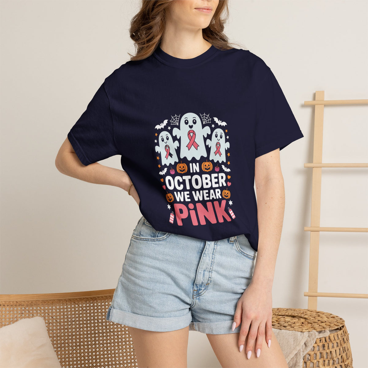 Breast Cancer Halloween Ghost T-Shirt — "In October We Wear Pink"