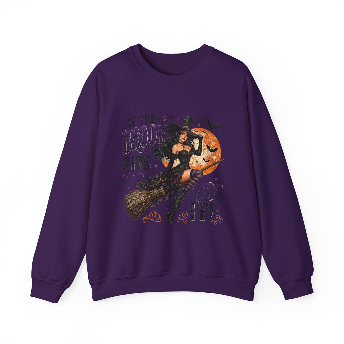 Witchy Halloween Crewneck Sweatshirt — 'If the Broom Fits Ride It' Vintage Pin-Up Design