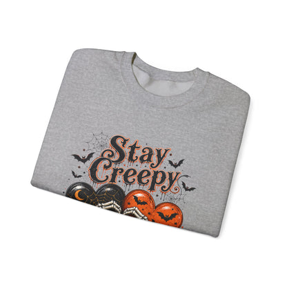Stay Creepy Sweatshirt — Halloween Heart & Bats Cozy Crewneck