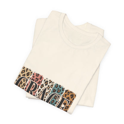 Grace Leopard Print Tee — Christian Scripture 2 Cor 12:9 T-Shirt