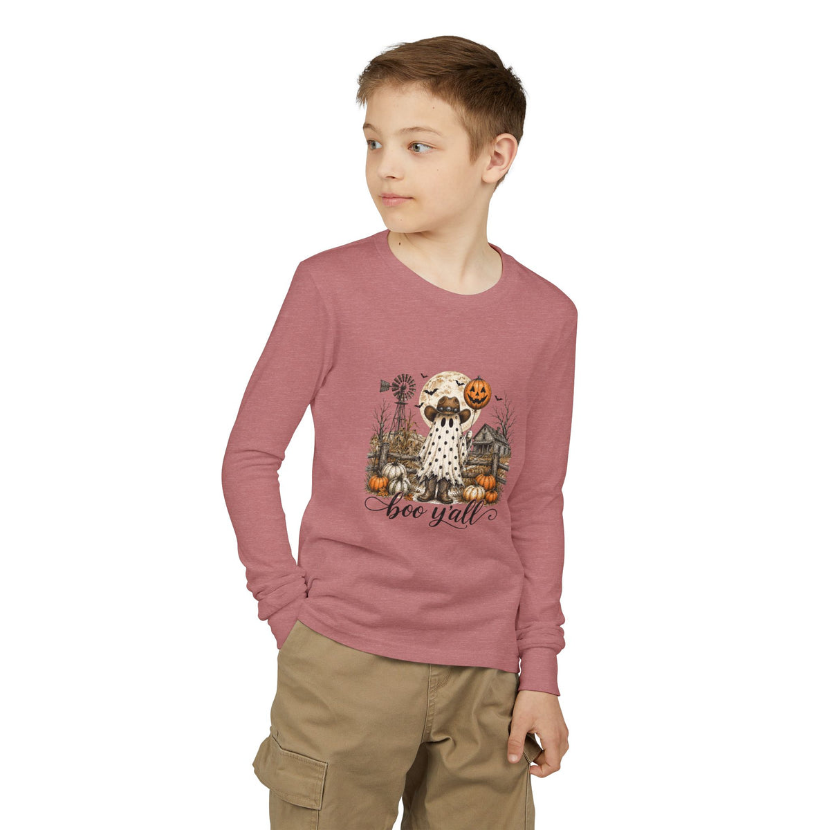 Youth Long Sleeve Tee — Halloween Boo Y'all Ghost Dog Pumpkin Design