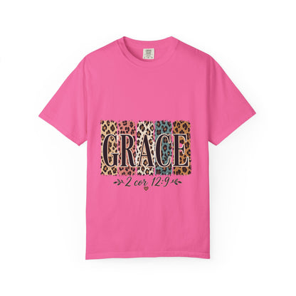 Grace Leopard Block T-Shirt — 2 Cor. 12:9 Christian Graphic Tee