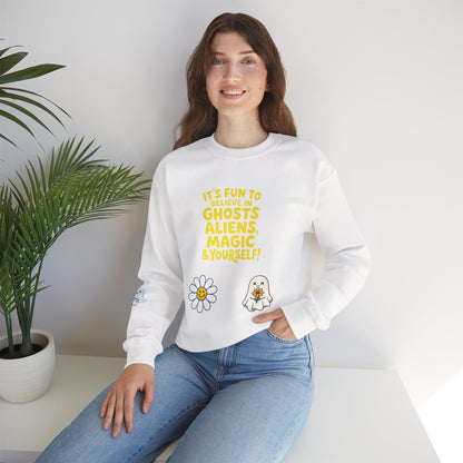 Crewneck Sweatshirt — "It's Fun to Believe in Ghosts, Aliens, Magic & Yourself" Cute Daisy & Ghost Graphic
