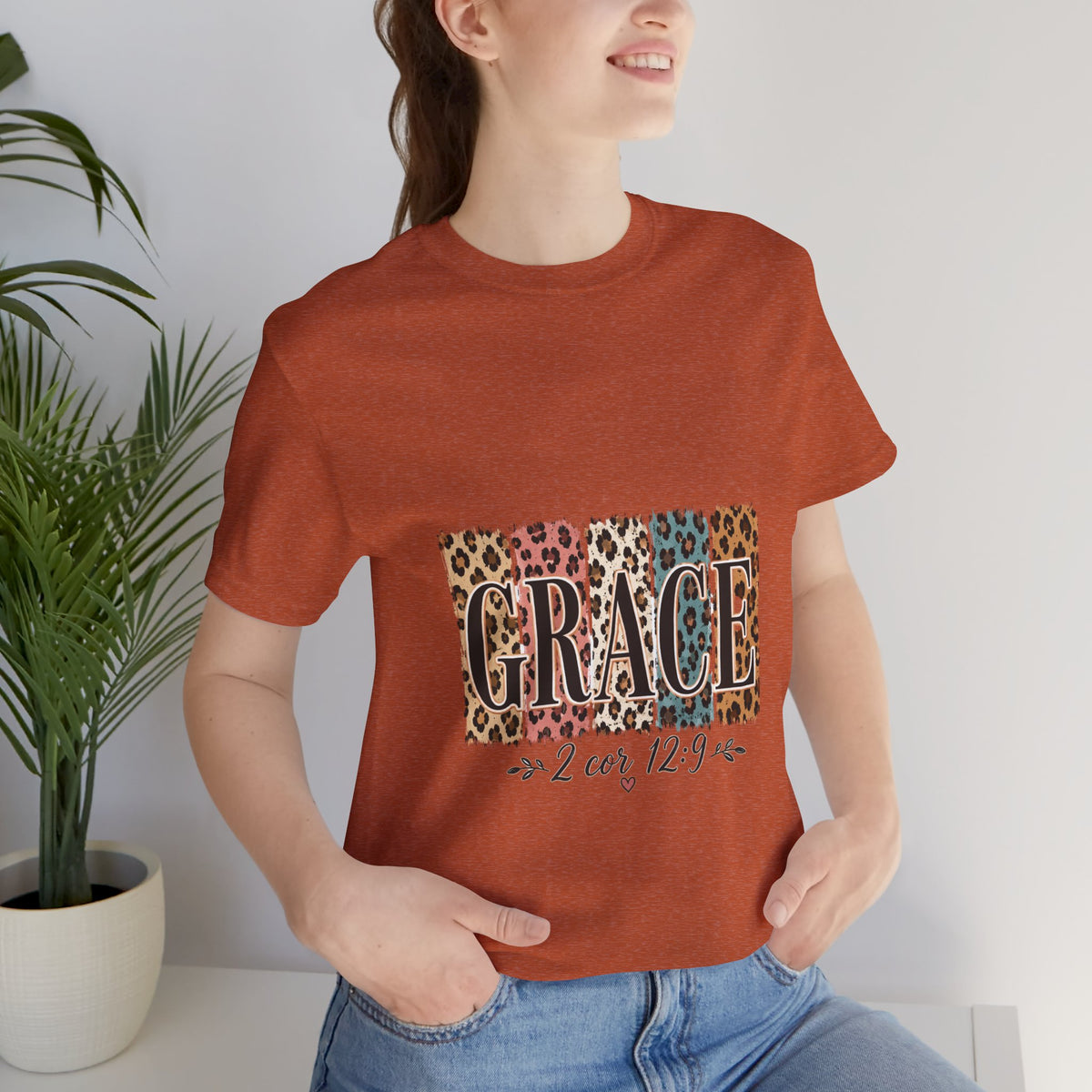 Grace Leopard Print Tee — Christian Scripture 2 Cor 12:9 T-Shirt